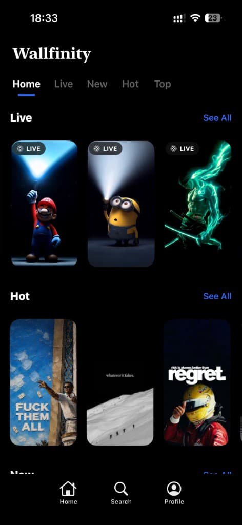 Wallfinity Live and Hot categories